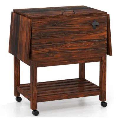 Hivvago 54 Quart Wooden Cooler Cart For Patio Rolling Ice Chest With Shelves-brown
