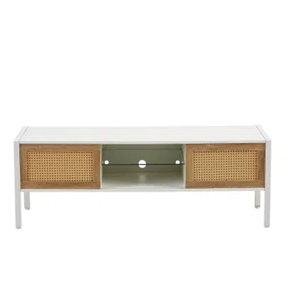 Hivvago 54.33 Inch Rattan Tv Cabinet With Adjustable Color Light Strip In White Finish