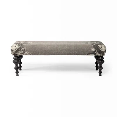 Hivvago 55" Gray And Black Upholstered Cotton Blend Floral Distressed Bench