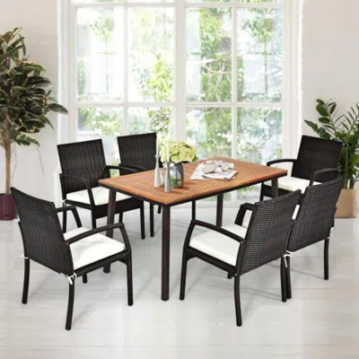 Hivvago 55 Inch Patio Acacia Dining Table With Umbrella Hole In White