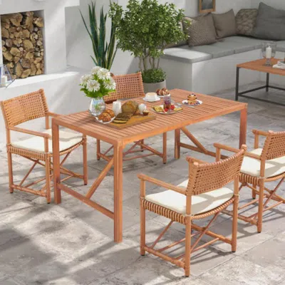 Hivvago 55 Inch Patio Rectangular Acacia Wood Dining Table With Umbrella Hole In Brown