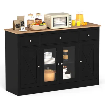 Hivvago 55" Large Buffet Sideboard Kitchen Storage Cabinet With 3 Drawers 2 See-through Doors Adjustable She