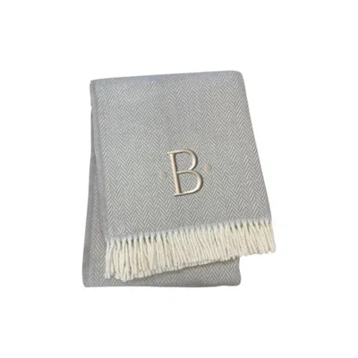 Hivvago 55" X 70" Gray And White Herringbone Cotton Blend B Initial Throw Blanket With Tassels And Embroider In Multi