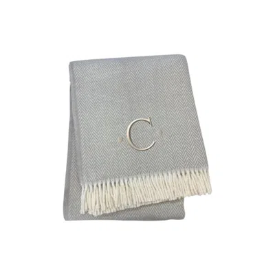 Hivvago 55" X 70" Gray And White Herringbone Cotton Blend C Initial Throw Blanket With Tassels And Embroider