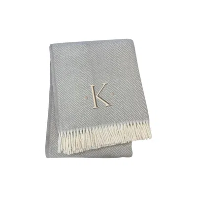 Hivvago 55" X 70" Gray And White Herringbone Cotton Blend K Initial Throw Blanket With Tassels And Embroider