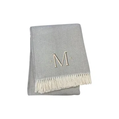 Hivvago 55" X 70" Gray And White Herringbone Cotton Blend M Initial Throw Blanket With Tassels And Embroider In Multi