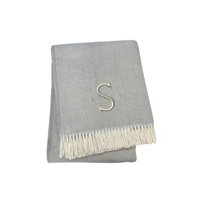 Hivvago 55" X 70" Gray And White Herringbone Cotton Blend S Initial Throw Blanket With Tassels And Embroider