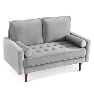Hivvago 57" Gray And Dark Brown Velvet Loveseat And Toss Pillows
