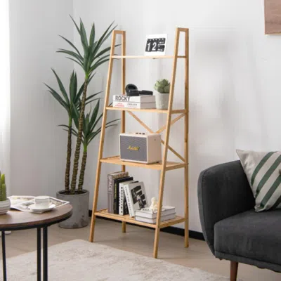 Hivvago 58 Inch 4-tier Bamboo Ladder Bookshelf-natural