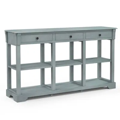 Hivvago 58 Inch Retro Console Table With 3 Drawers And Open Shelves Rectangular Entryway Table-blue In Gray