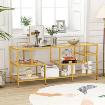 Hivvago 58 Inch Tv Console Table With Tempered Glass Shelves For Living Room-gold