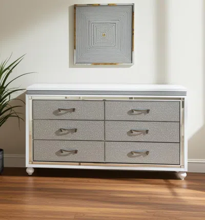 Hivvago 58" White And Silver Faux Crystal Bling Wood Six Drawer Double Dresser