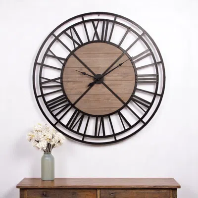 Hivvago 59" Black And Brown Metal And Solid Wood Skeleton Circle Wall Clock