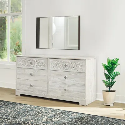 Hivvago 59 Inch Dresser, 6 Drawers, Medallion Design Front, Whitewashed Mdf Frame