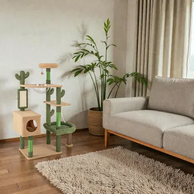 Hivvago 59" Multi-level Cactus-themed Cat Activity Tower With Scratch Posts And Play Toy In Pattern