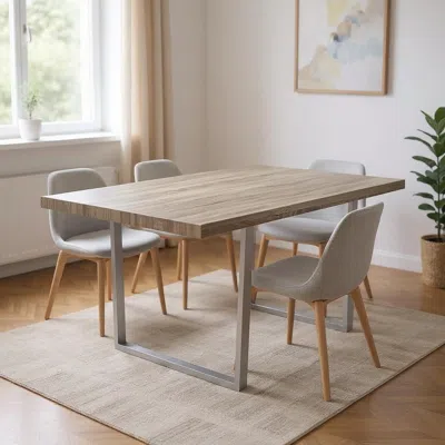 Hivvago 59" Taupe And Silver Solid Wood And Metal Sled Base Dining Table In Gray