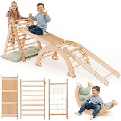 Hivvago 5in1 Montessori Climbing Set: Triangle Ladder + Arch/rocker + Slide Board/ramp + Netting Rope + Cush In Neutral