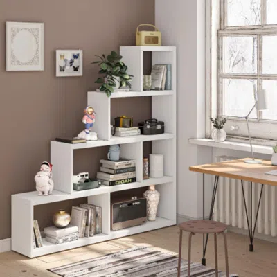 Hivvago 6 Cubes Ladder Shelf Corner Bookshelf Storage Bookcase-white