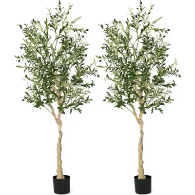 Hivvago 6 Feet Artificial Olive Tree In Cement Pot-2 Pieces In Blue