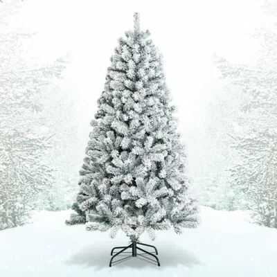 Hivvago 6 Feet Artificial Snow Decorated Flocked Hinged Christmas Tree With Metal Stand In Multi