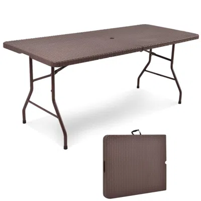 Hivvago 6 Feet Folding Portable Rattan Table With Carrying Handle In Burgundy