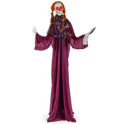 Hivvago 6 Feet Halloween Animatronic Standing Girl Holding Book With Sound-activated Light-up Eyes And Movin