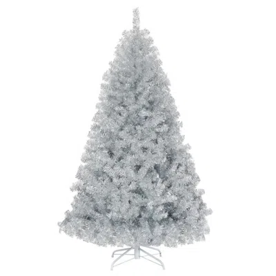 Hivvago 6 Feet Hinged Unlit Artificial Silver Tinsel Christmas Tree With Metal Stand In White