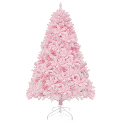 Hivvago 6 Ft Flocked Artificial Xmas Tree Hinged With 350 Led Lights In Pink