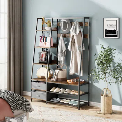 Hivvago 6-in-1 Freestanding Hall Tree Coat Rack With Bench And Fabric Dressers-rustic Brown