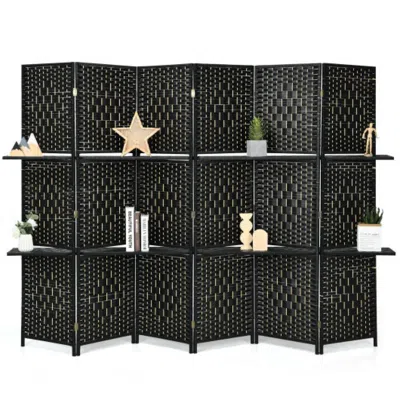 Hivvago 6 Panel Folding Weave Fiber Room Divider With 2 Display Shelves -black