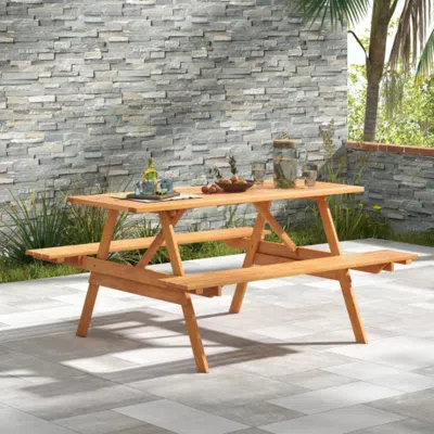 Hivvago 6 Person Picnic Table Set Patio Rectangle With 2 Built-in Benches And Umbrella Hole