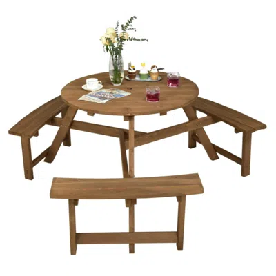 Hivvago 6-person Round Wooden Picnic Table With Umbrella Hole And 3 Built-in Benches-dark Brown In Burgundy
