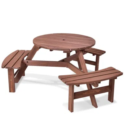 Hivvago 6 Person Wooden Picnic Table Set With Bench And Umbrella Hold In Brown