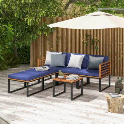 Hivvago 6 Piece Patio Acacia Wood Conversation Sofa Set With Ottomans And Coffee Table-navy In Blue