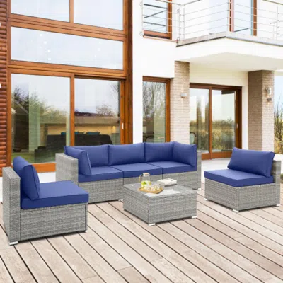 Hivvago 6 Piece Patio Conversation Sofa Set With Tempered Glass Coffee Table-navy In Green