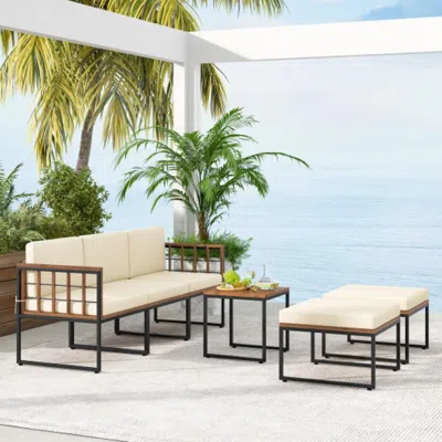 Hivvago 6 Pieces Acacia Wood Patio Furniture Set With Coffee Table And Ottomans-beige In Multi