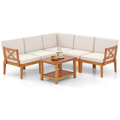 Hivvago 6 Pieces Acacia Wood Patio Furniture Set With Cushions And 2-tier Coffee Table-white