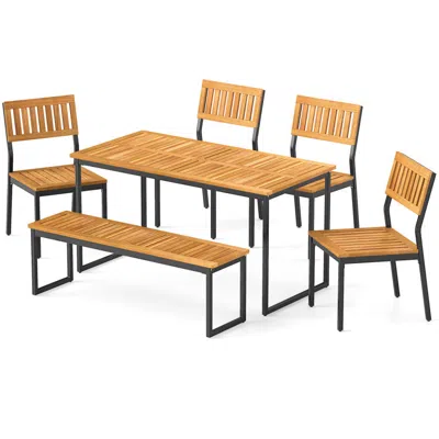 Hivvago 6 Pieces Outdoor Acacia Wood Dining Set With Bench And 2 Inches Umbrella Hole