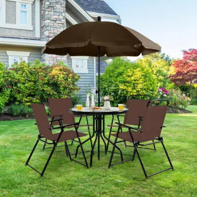 Hivvago 6 Pieces Patio Dining Set Folding Chairs Glass Table Tilt Umbrella For Garden-coffee In Brown