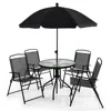 Hivvago 6 Pieces Patio Dining Set Folding Chairs Glass Table Tilt Umbrella For Garden-gray