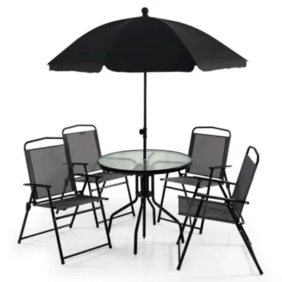 Hivvago 6 Pieces Patio Dining Set Folding Chairs Glass Table Tilt Umbrella For Garden-gray In Brown