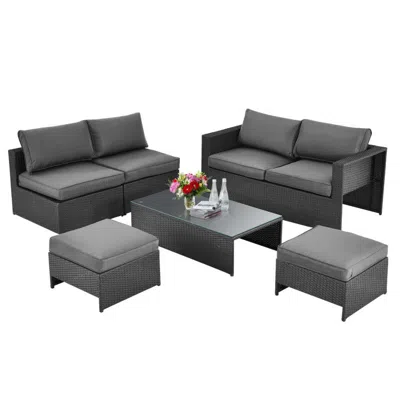 Hivvago 6 Pieces Patio Rattan Furniture Set With Glass Table And Cushioned Seat In Black