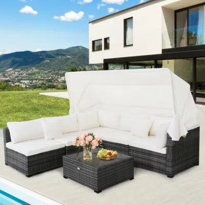 Hivvago 6 Pieces Patio Rattan Furniture Set With Retractable Canopy In White