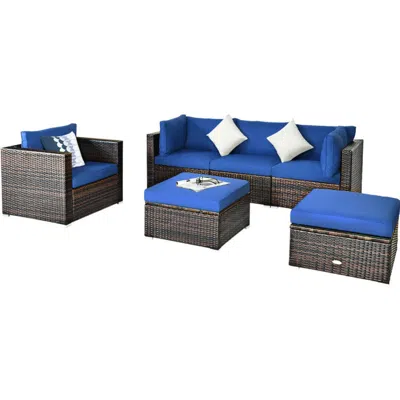 Hivvago 6 Pieces Patio Rattan Furniture Set With Sectional Cushion In Blue