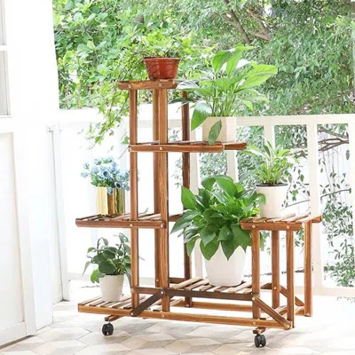 Hivvago 6-shelf Portable Wooden Flower Pot Plant Stand With Locking Wheels In Brown