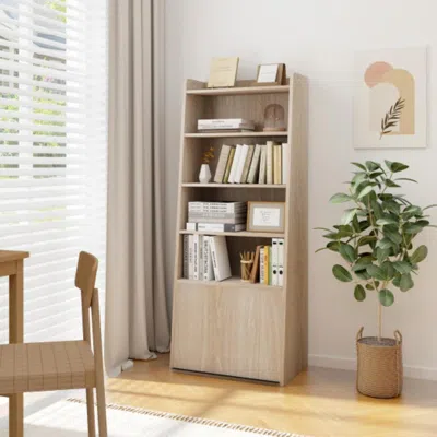 Hivvago 6-tier Bookcase Freestanding Ladder Bookshelf With 2 Adjustable Shelves And Flip Up Door-natural