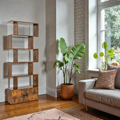 Hivvago 6-tier Geometric Display Bookcase With Closed Cabinet Compartments In Brown