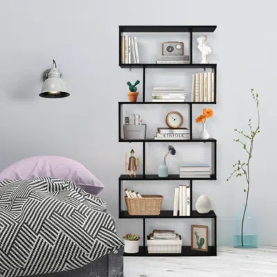 Hivvago 6 Tier S-shaped Bookshelf Storage Display Bookcase Decor Z-shelf -black