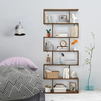 Hivvago 6 Tier S-shaped Bookshelf Storage Display Bookcase Decor Z-shelf -coffee