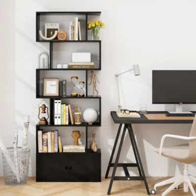 Hivvago 6-tier S-shaped Freestanding Bookshelf With Cabinet And Doors-black